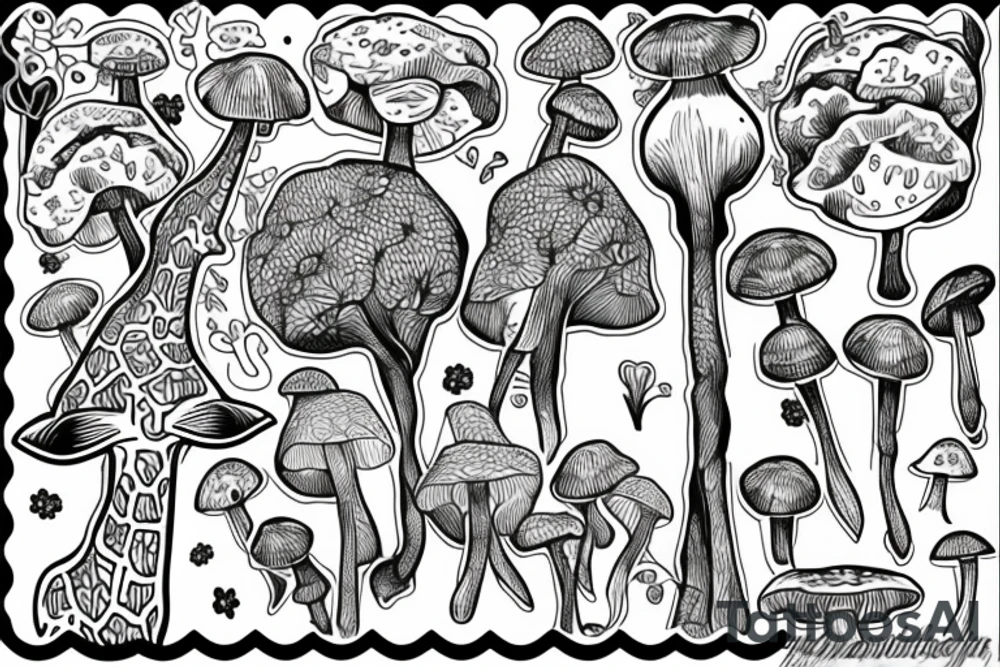 Giraffe with mushrooms growing out of it tattoo idea
