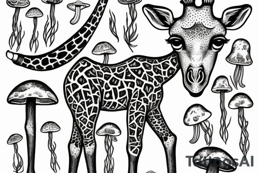 Giraffe with mushrooms growing out of it tattoo idea