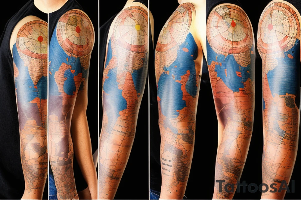 full sleeve tatoo with world map background, compass and man sculpting the a stone and other related elements tattoo idea