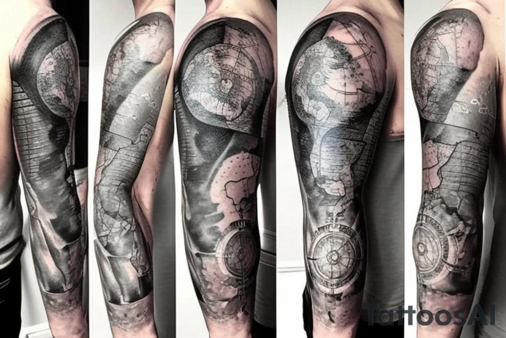 full sleeve tatoo with world map background, compass and man sculpting the a stone and other related elements tattoo idea