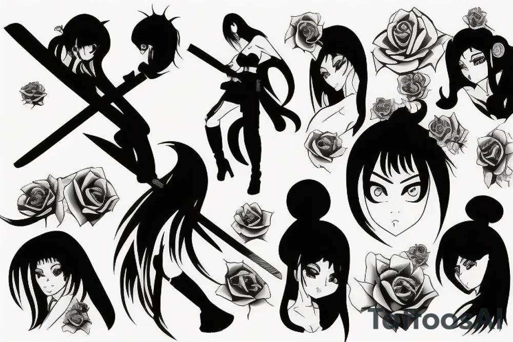 katana rose anime tattoo idea