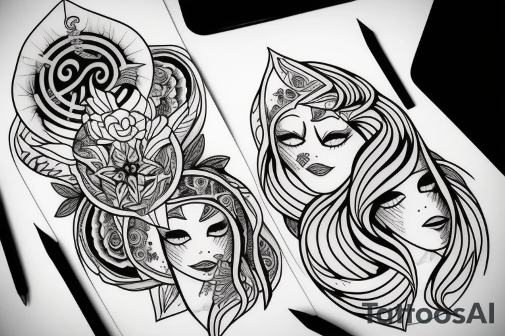black magic girl symmetrical tattoo idea