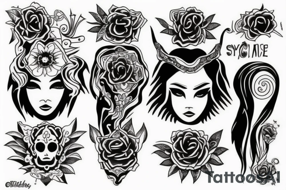 black magic girl symmetrical tattoo idea