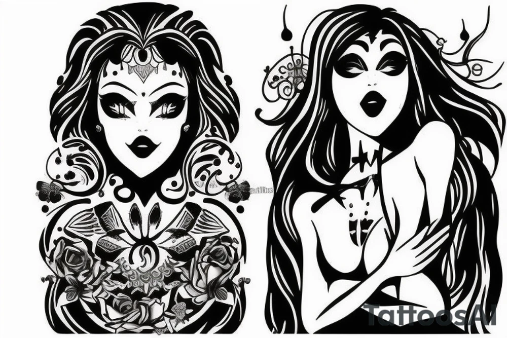 black magic girl symmetrical tattoo idea