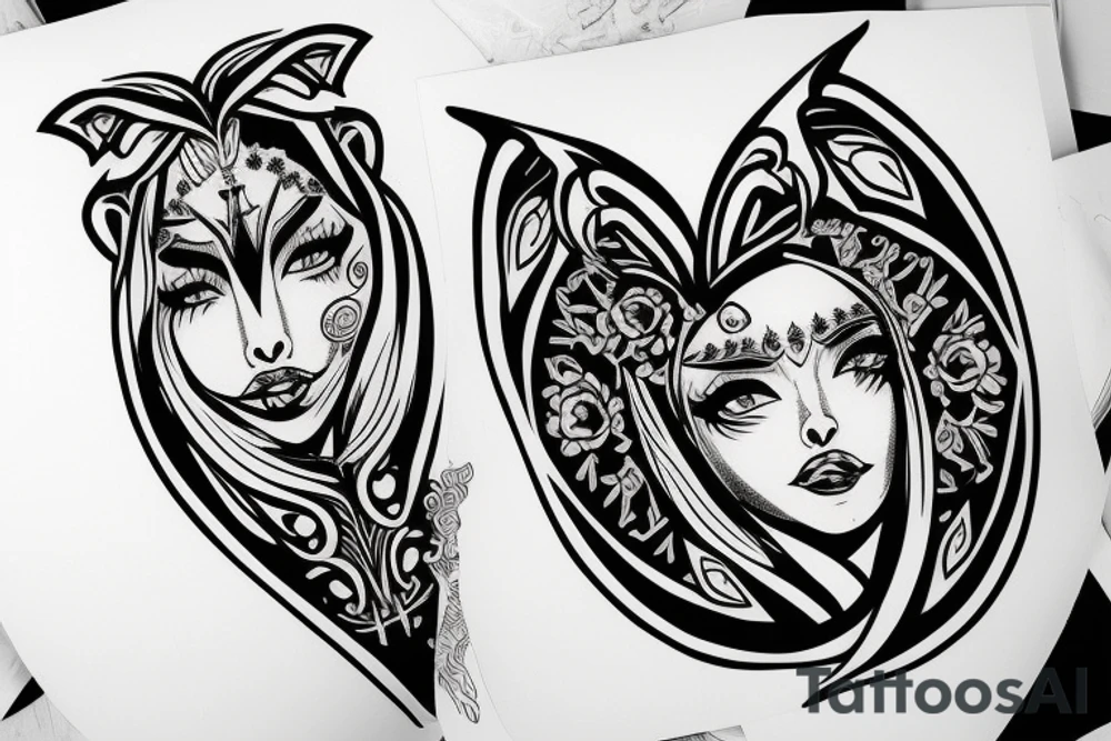 black magic girl symmetrical tattoo idea