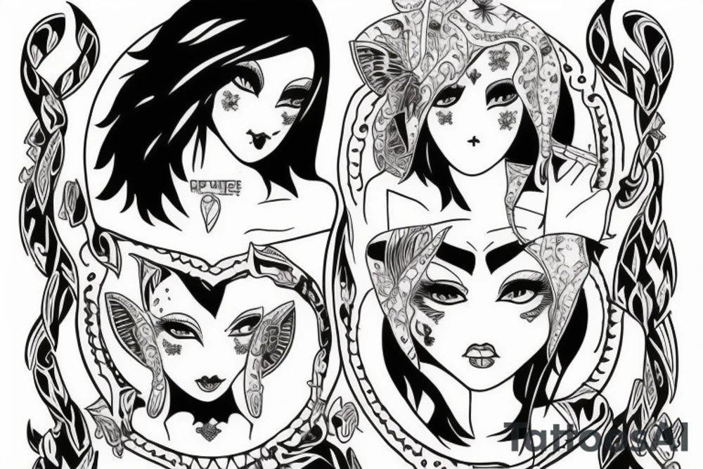 black magic girl symmetrical tattoo idea