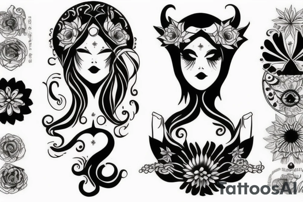 black magic girl symmetrical tattoo idea