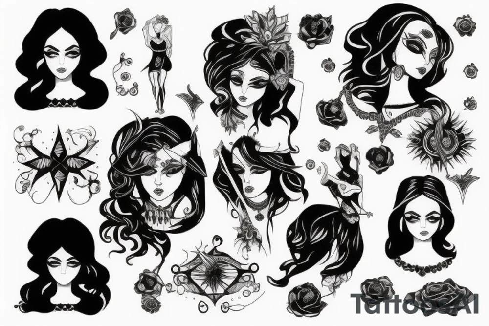 black magic girl symmetrical tattoo idea