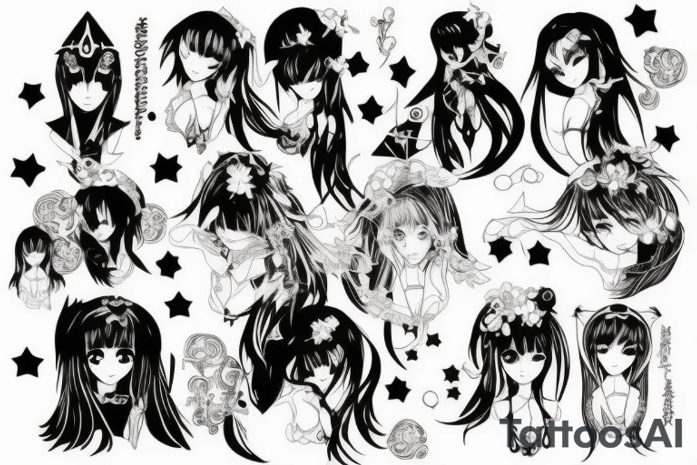 black magic anime girl symmetrical tattoo idea
