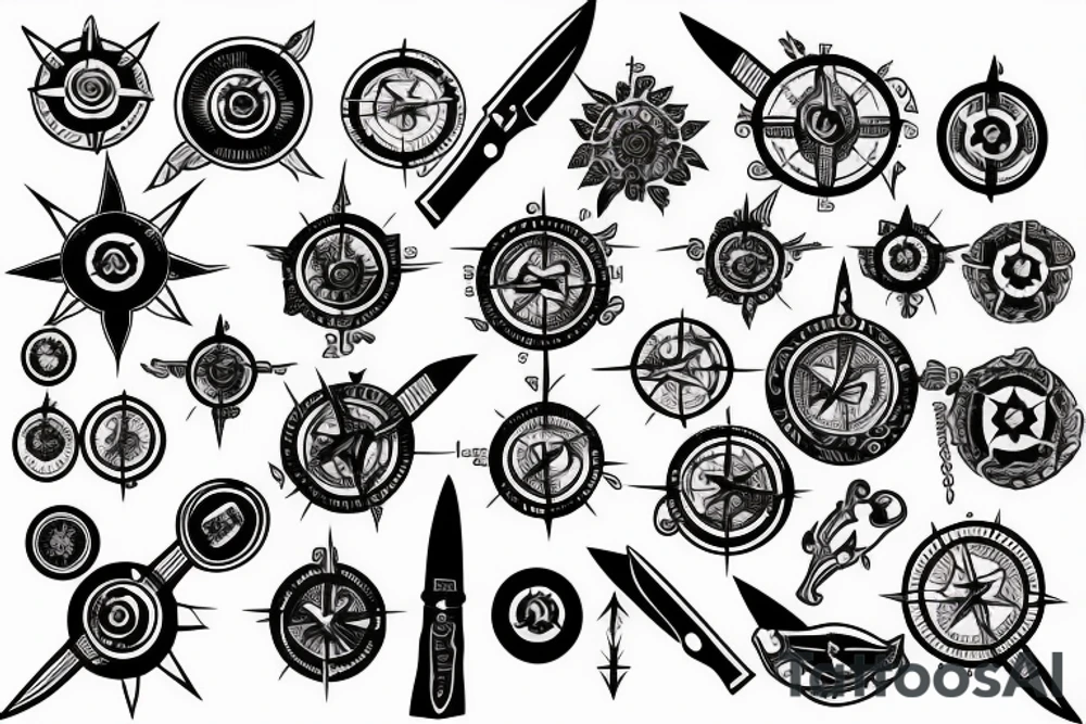 compass with knife tattoo idea