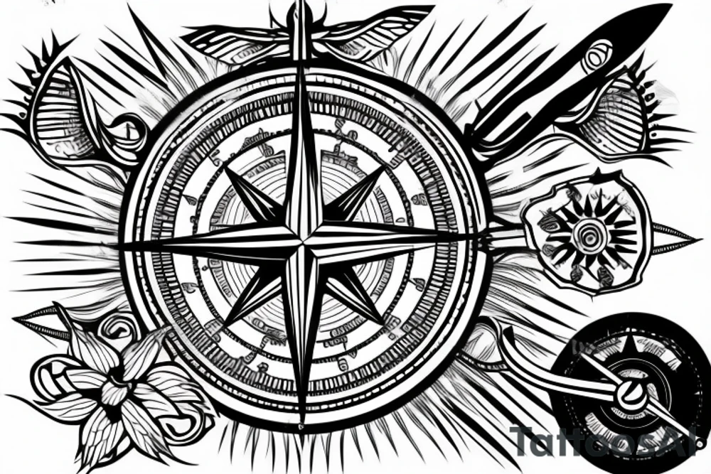 compass with knife tattoo idea