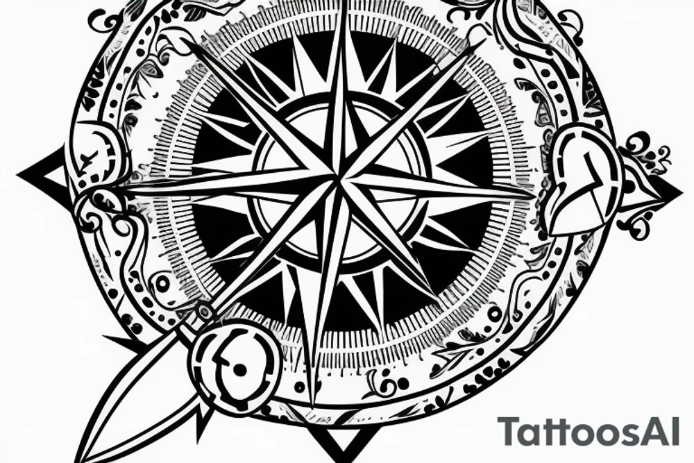 compass with knife tattoo idea