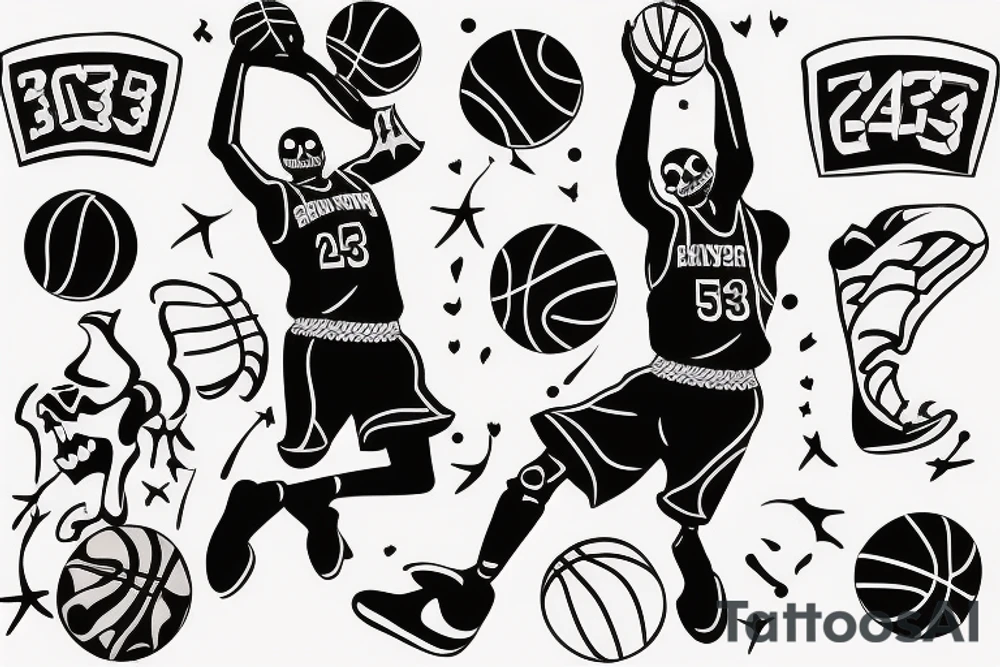 Skeleton basketball player dunking with jersey number 34 tattoo idea