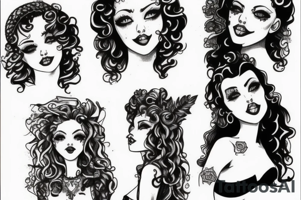 gothic pinup girl with curly hair tattoo idea