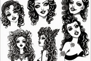 gothic pinup girl with curly hair tattoo idea
