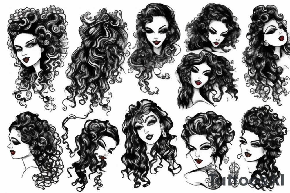gothic pinup girl with curly hair tattoo idea