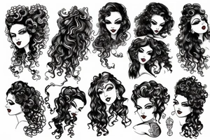 gothic pinup girl with curly hair tattoo idea