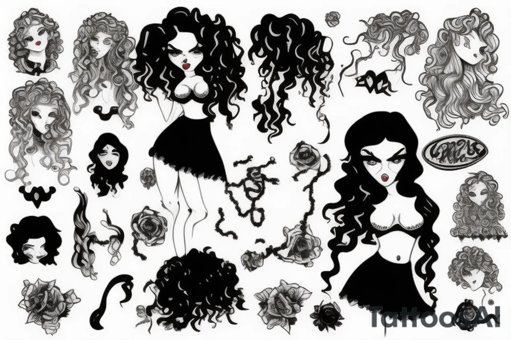 gothic pinup girl with curly hair tattoo idea