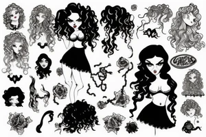 gothic pinup girl with curly hair tattoo idea
