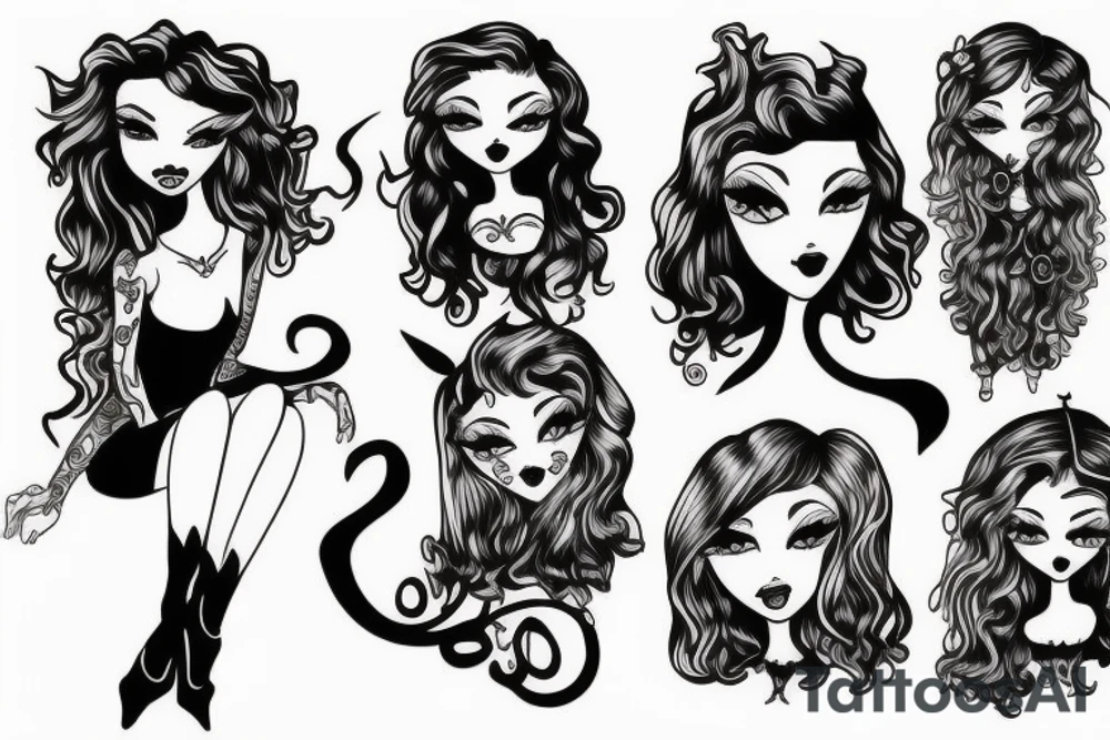 gothic pinup girl with curly hair tattoo idea