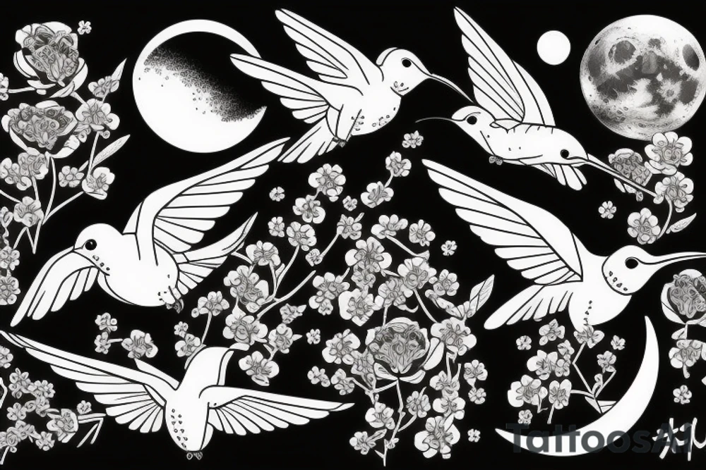 Hummingbird flying in a moon tattoo idea