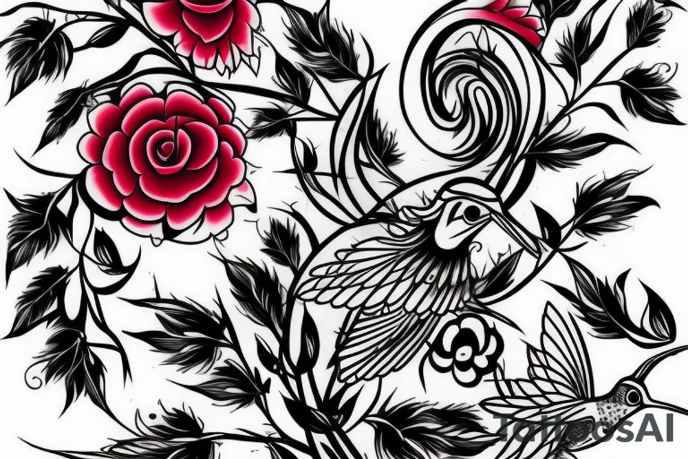 1 Hummingbird on a dying rose tattoo idea