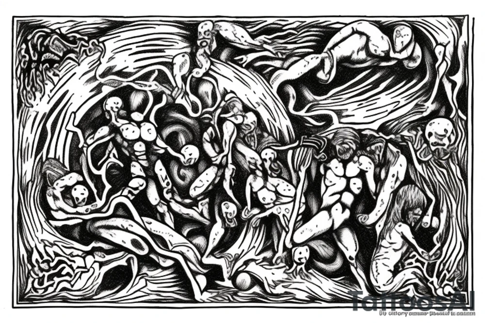 Dante's inferno inspired tattoo, including all inferno circles and creatures tattoo idea