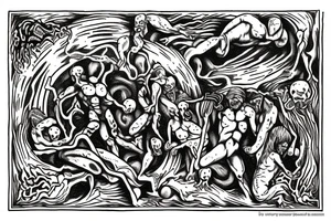 Dante's inferno inspired tattoo, including all inferno circles and creatures tattoo idea