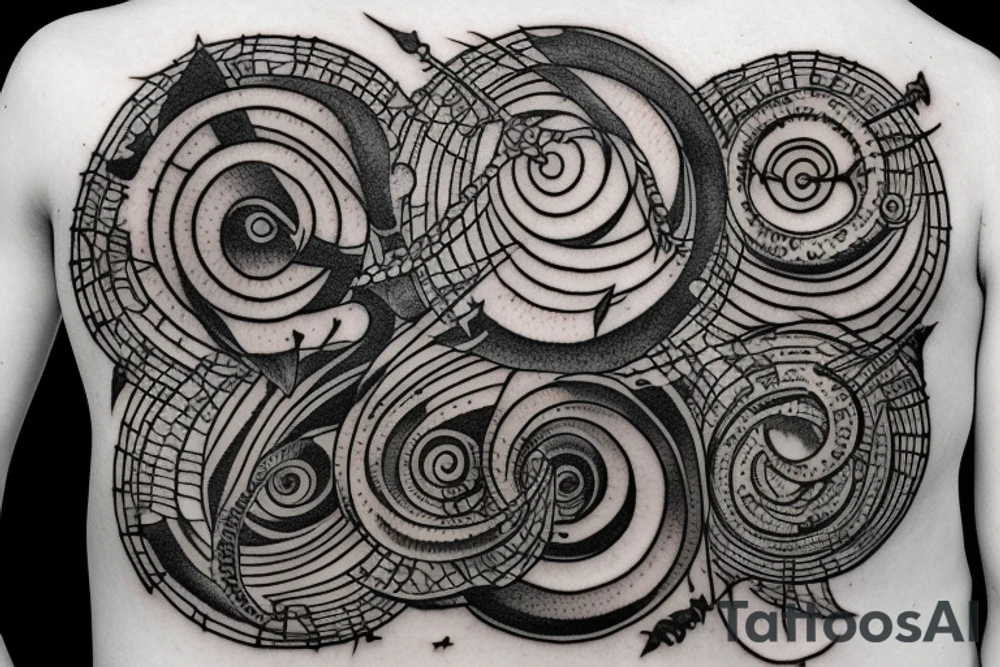 Dante's inferno inspired tattoo, including all inferno circles and creatures tattoo idea