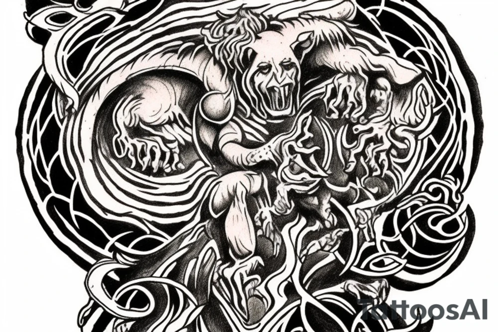 Dante's inferno inspired tattoo, including all inferno circles and creatures (Cerberus, Minos) tattoo idea