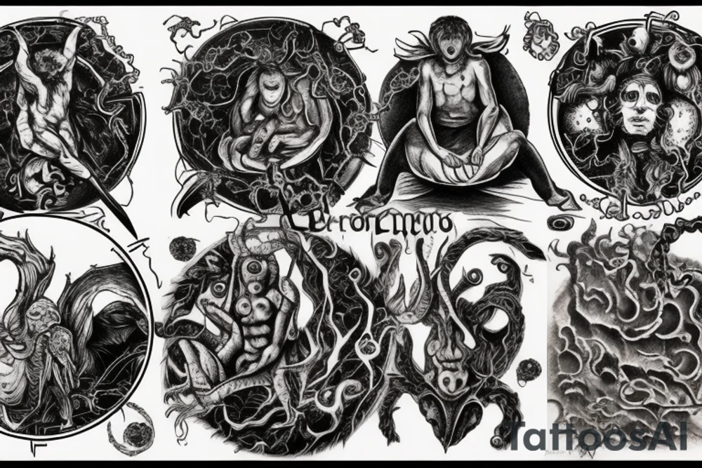 Dante's inferno inspired tattoo, including all inferno circles and creatures (Cerberus, Minos) tattoo idea