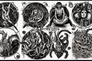 Dante's inferno inspired tattoo, including all inferno circles and creatures (Cerberus, Minos) tattoo idea