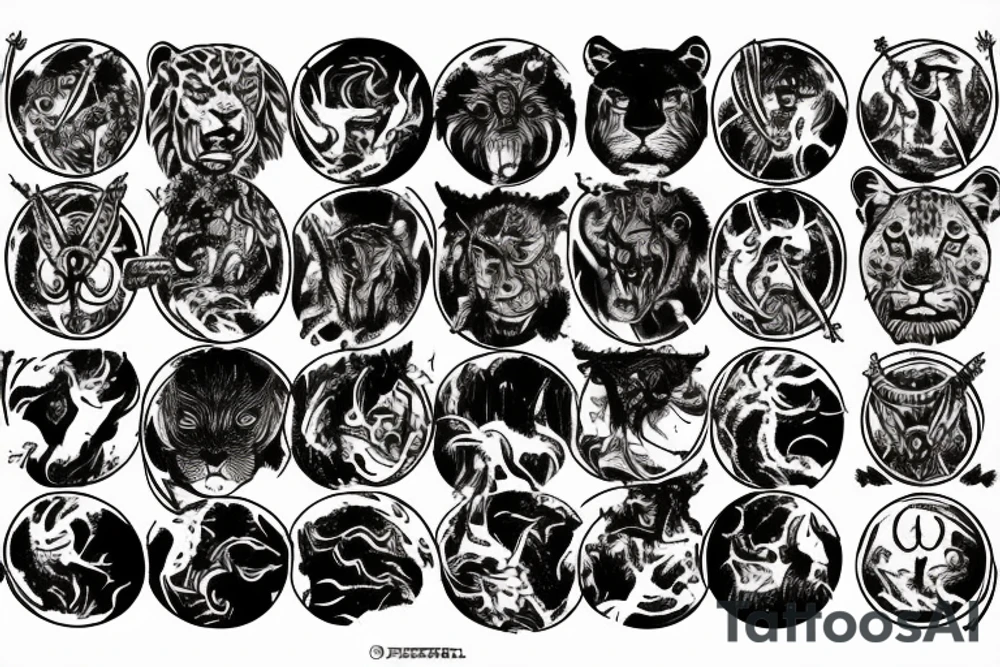 Dante's inferno inspired tattoo, including all inferno circles and creatures (Cerberus, Minos, leopard, lion) tattoo idea