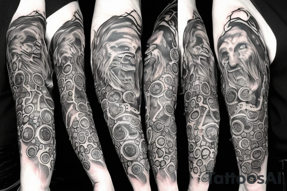 Dante's inferno inspired arm tattoo, including all inferno circles and creatures (Cerberus, Minos, leopard, lion) tattoo idea