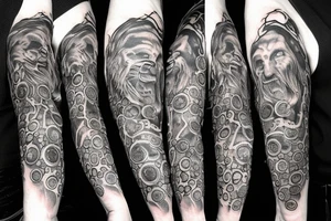 Dante's inferno inspired arm tattoo, including all inferno circles and creatures (Cerberus, Minos, leopard, lion) tattoo idea