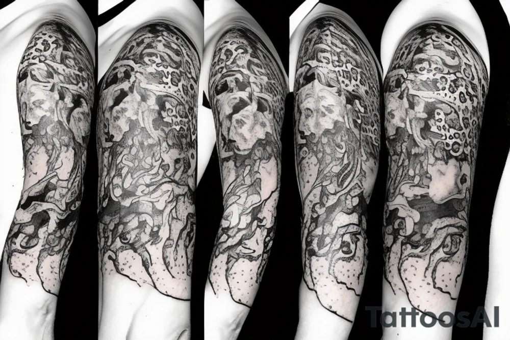 divine comedy inspired arm tattoo, including all inferno circles and creatures (Cerberus, Minos, leopard, lion) tattoo idea