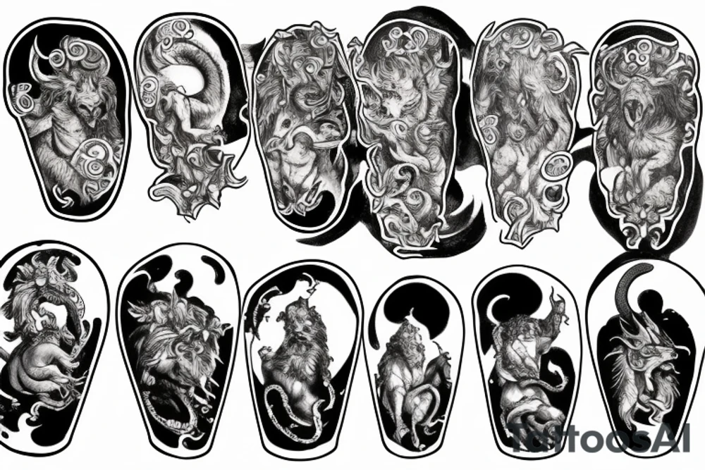 divine comedy inspired arm tattoo, including all inferno circles and creatures (Cerberus, Minos, leopard, lion) tattoo idea