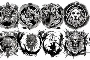 divine comedy inspired full arm tattoo, including all inferno circles and creatures (Cerberus, Minos, leopard, lion) tattoo idea