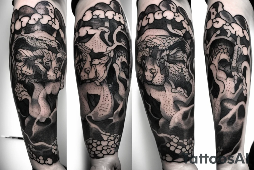 divine comedy inspired full arm tattoo, including all inferno circles and creatures (Cerberus, Minos, leopard, lion) tattoo idea