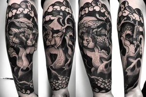 divine comedy inspired full arm tattoo, including all inferno circles and creatures (Cerberus, Minos, leopard, lion) tattoo idea