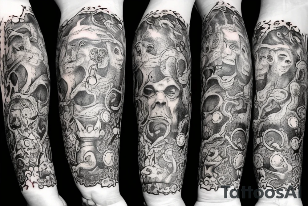 divine comedy inspired full arm tattoo, including all 9 inferno circles and creatures, Cerberus, Minos, leopard, lion tattoo idea