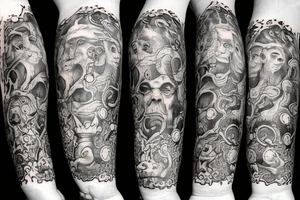 divine comedy inspired full arm tattoo, including all 9 inferno circles and creatures, Cerberus, Minos, leopard, lion tattoo idea