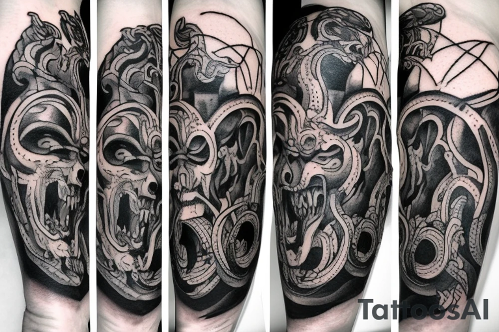 divine comedy inspired full arm tattoo, including all 9 inferno circles and creatures, Cerberus, Minotaur's, leopard, lion tattoo idea