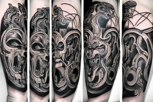 divine comedy inspired full arm tattoo, including all 9 inferno circles and creatures, Cerberus, Minotaur's, leopard, lion tattoo idea