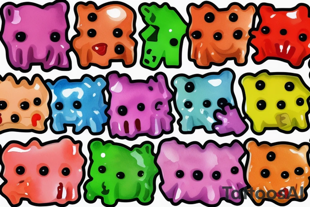 Franken-gummy. Pieces of different colored gummy bears stitched together with rope licorice tattoo idea