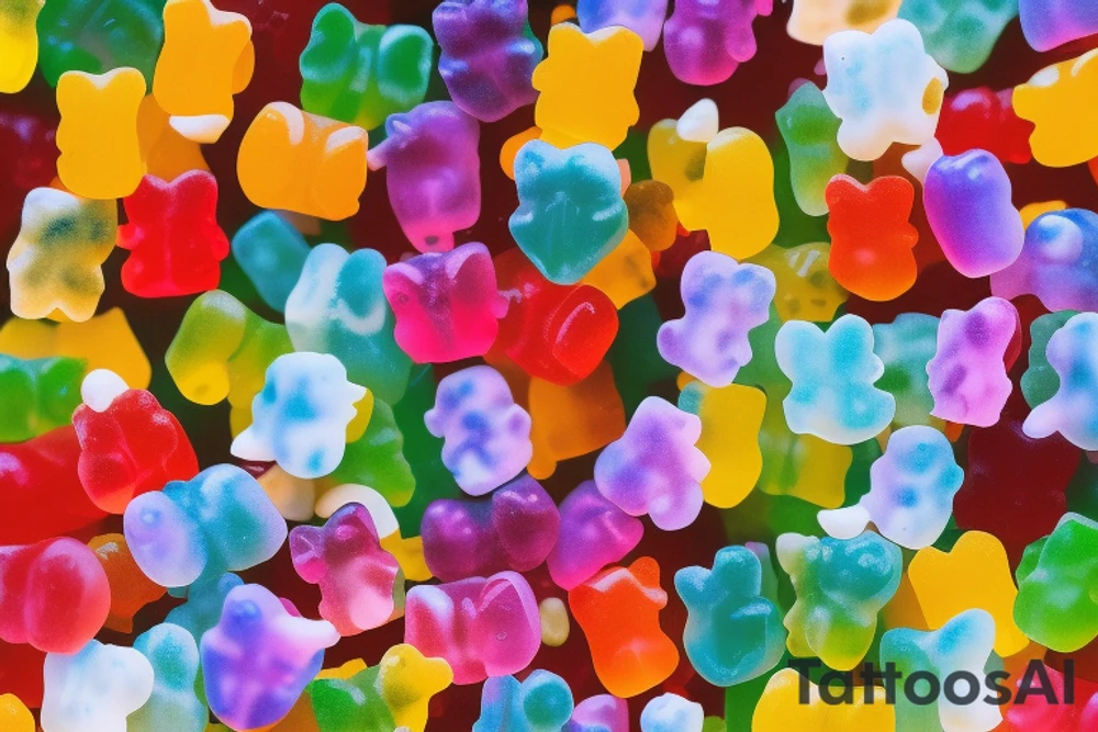 Franken-gummy. Pieces of different colored gummy bears stitched together with rope licorice tattoo idea