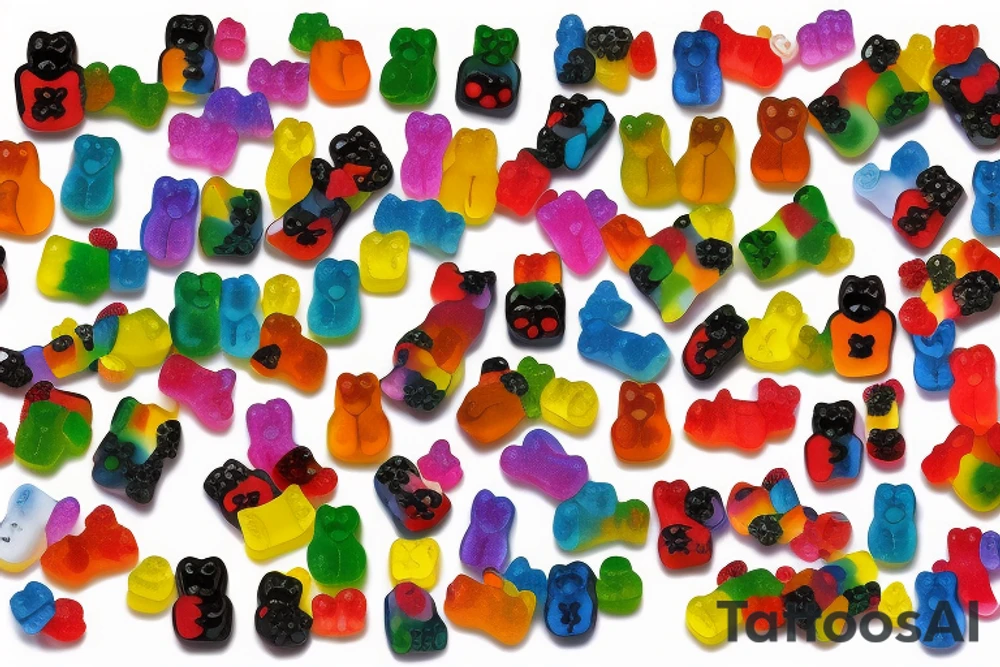 Franken-gummy. Pieces of different colored gummy bears stitched together with rope licorice tattoo idea