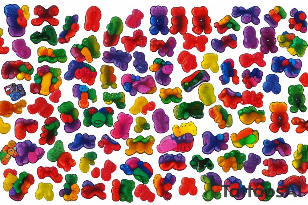 Franken-gummy. Pieces of different colored gummy bears stitched together with rope licorice tattoo idea