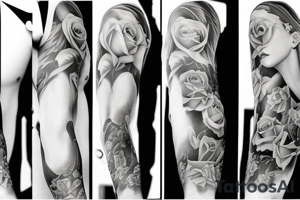 God and his angel and some roses full sleeve tattoo idea