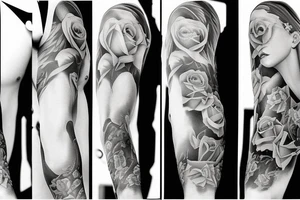 God and his angel and some roses full sleeve tattoo idea
